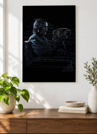 Two Profiles in the Blue Dark acrylic wall art displayed above a wooden console with plants and books against a white wall.