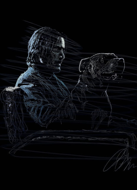 Dark blue-gray line portrait of a seated long-haired man in a suit beside a dog, both facing right on black.