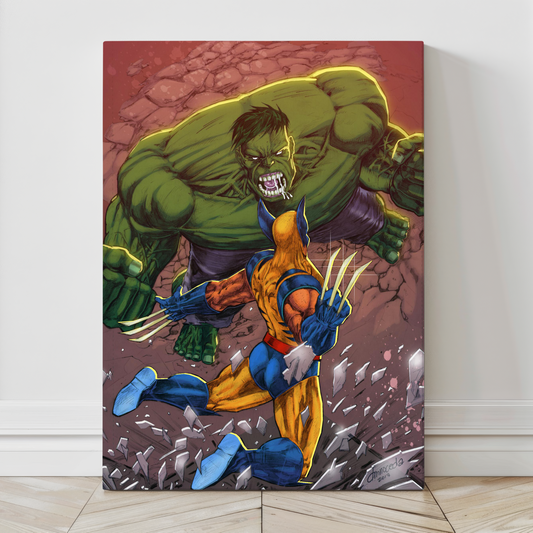 "Ultimate Rage – Wolverine vs Hulk Wall Art on canvas, acrylic, and metal – Ultimate Wolverine attacking Ultimate Hulk mid-battle."