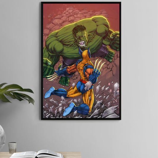 "Ultimate Rage – Wolverine vs Hulk Wall Art on canvas, acrylic, and metal – Ultimate Wolverine attacking Ultimate Hulk mid-battle."


