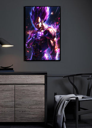 Vegeta Ultra Ego anime wall art displayed in a modern room setting, vivid purple tones enhance collector-style presentation