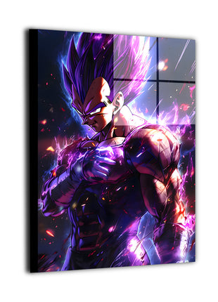 Ultra-sharp metal wall art depicting Vegeta Ultra Ego surrounded by explosive energy and intense power-filled atmosphere