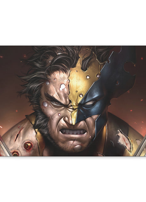 "Unbreakable Rage – Battle-Damaged Wolverine Wall Art on canvas, acrylic, and metal – front view featuring Wolverine in a torn costume, claws extended in fury."
