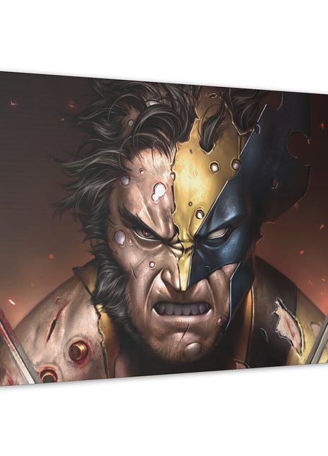"Unbreakable Rage – Battle-Damaged Wolverine Wall Art on canvas, acrylic, and metal – front view featuring Wolverine in a torn costume, claws extended in fury."
