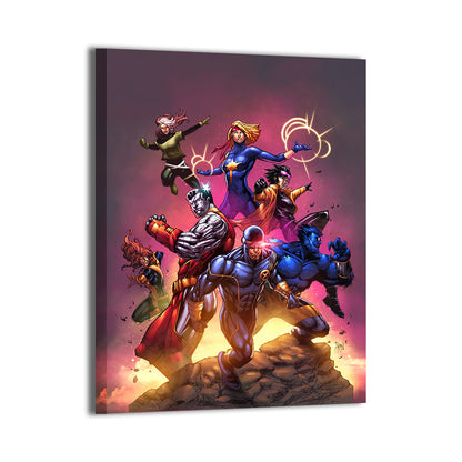 24x36 canvas marvel artwork of x men team on rocky base glowing powers

