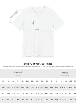 Unisex T-shirt size guide showing garment width, length and sleeve measurements in inches and centimeters.