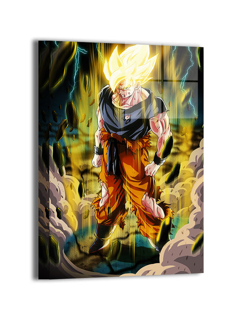 Unyielding Ascension Metal — Goku rising from shattered ground with golden aura, Dragon Ball Z fan art by Ray Dash; modern sheen, ready to hang.