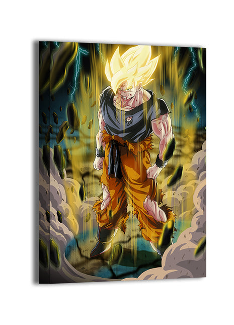 Unyielding Ascension Canvas — Goku powering up with lightning and dust, Dragon Ball Z fan art by Ray Dash; gallery-wrapped, ready to hang.