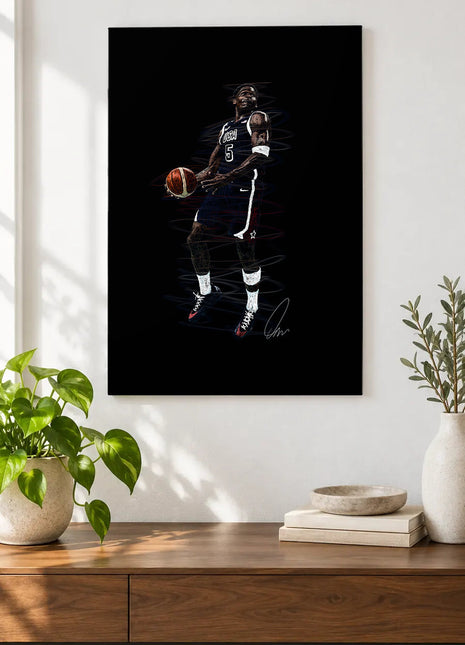 USA Five at the Rim acrylic wall art displayed above a wooden console with plants and books against a white wall.
