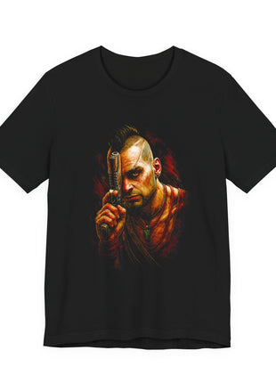 Front of black T-shirt showing Vaas Montenegro holding a pistol beside his face, with a mohawk, red top and green pendant.
