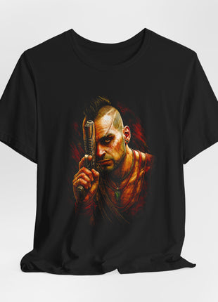 Draped black T-shirt with gathered hem showing Vaas Montenegro holding a pistol beside his face, with a mohawk, red top and green pendant.