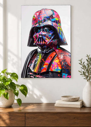 Darth Vader bust with neon paint strokes across black armor on pale gray displayed above a console table in a room setting