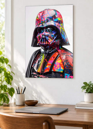Darth Vader bust with neon paint strokes across black armor on pale gray displayed above a desk in a room setting