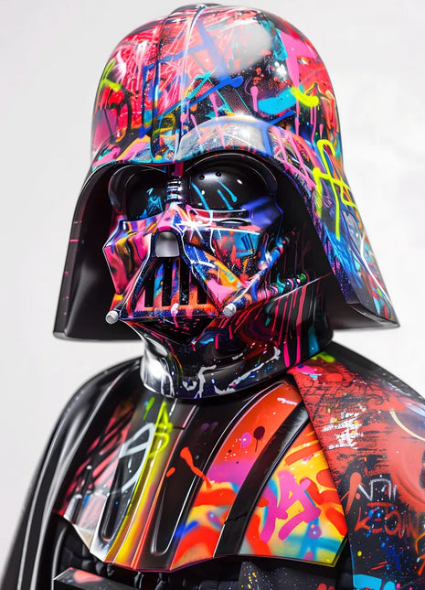 Darth Vader bust with neon paint strokes across black armor on pale gray