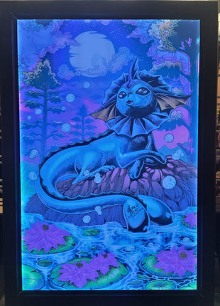 Vaporeon acrylic artwork displayed in a Classic Snap 16x24 RGB LED lightbox frame with blue and purple lighting