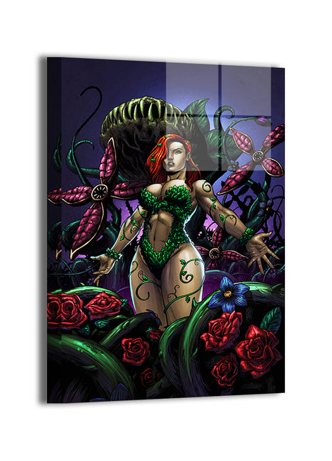 Verdant Siren Metal Print — Poison Ivy with emerald vines and thorned roses, artwork by Geebo Vigonte & Nestor Redulla Jr.; modern sheen, ready to hang.