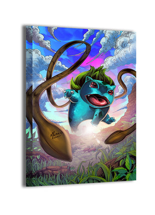  24x36 canvas of Pokémon Bulbasaur in lush, action-packed forest setting