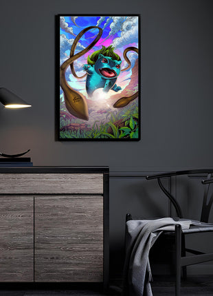 Bulbasaur charging through jungle in bright vine-filled scene, 11x17 Pokémon art