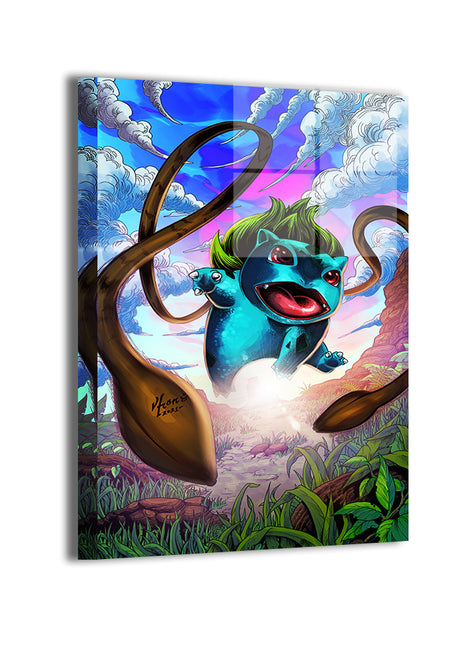 24x36 Pokémon metal art of Bulbasaur charging forward with glowing light