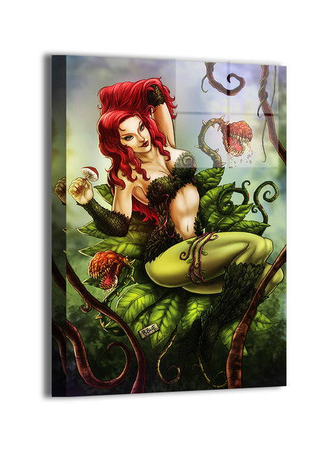 Durable aluminum print featuring Poison Ivy posed in a living vine throne; artwork by Richard Bue, colored by Martin Mariano Hernandez.