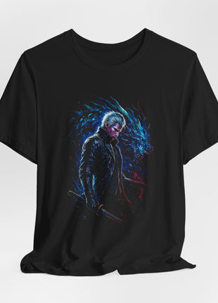 Draped front view of the black Vergil Blue Energy Graphic T-Shirt.