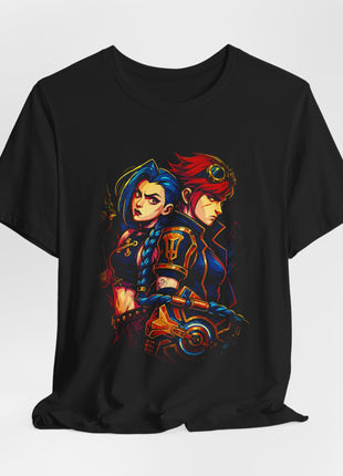 Draped front view of the black Vi and Caitlyn Back to Back Graphic T-Shirt.