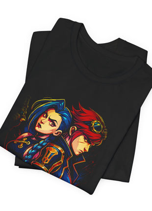 Folded view of the black Vi and Caitlyn Back to Back Graphic T-Shirt.