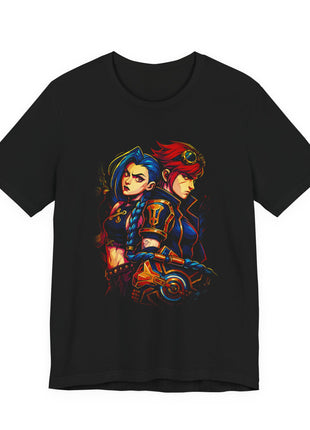 Front view of the black Vi and Caitlyn Back to Back Graphic T-Shirt.