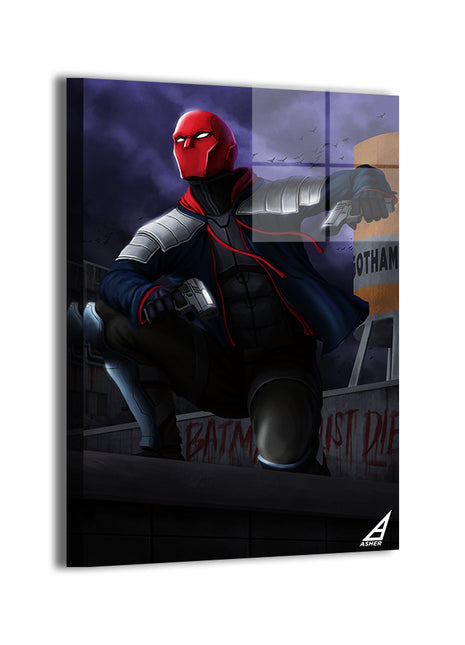 red hood vigilante with pistols against purple clouds by Ben Asher; modern metallic sheen.
