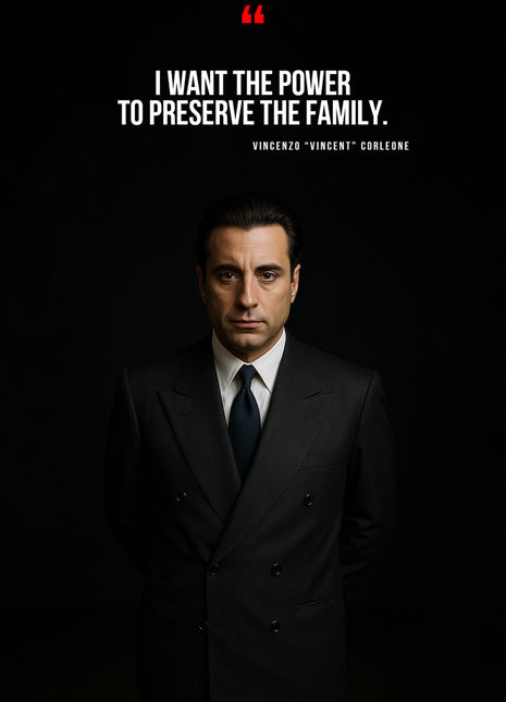 Vincent Corleone in a dark portrait beneath white quotation text and a red quotation mark.