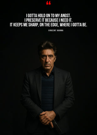 Vincent Hanna in a dark portrait beneath white quotation text and a red quotation mark.
