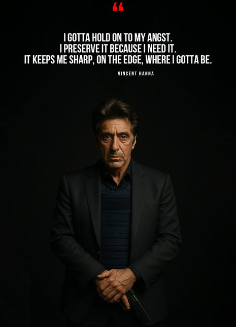 Vincent Hanna in a dark portrait beneath white quotation text and a red quotation mark.