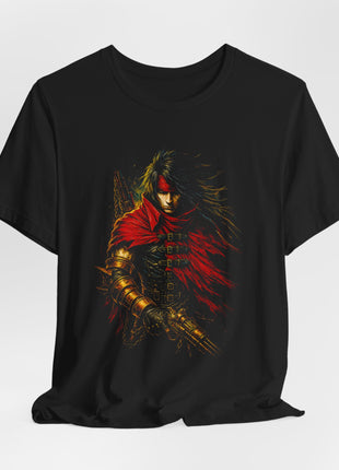 Draped front view of the black Vincent Valentine Crimson Cloak Graphic T-Shirt.