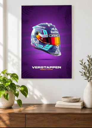 Violet Grid Helmet motorsport wall art displayed above a walnut console against a white wall