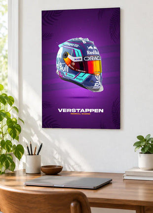 Violet Grid Helmet motorsport wall art displayed above a wooden desk against a white wall
