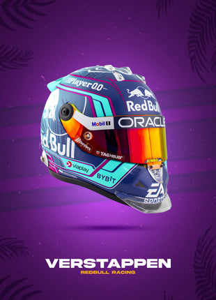 Blue and turquoise Max Verstappen Red Bull Racing helmet with a glowing orange-yellow visor, sponsor marks, and white VERSTAPPEN lettering on a purple background; Violet Grid Helmet artwork