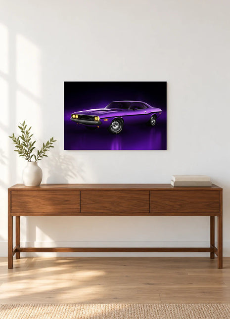 Violet Thunderline shown as horizontal acrylic wall art above a wooden console with a vase of leafy stems and stacked books.