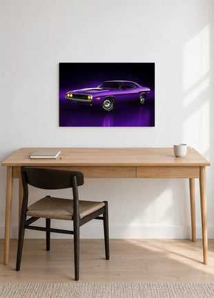 Violet Thunderline shown as horizontal acrylic wall art above a wooden desk with a notebook, pencil and white mug.