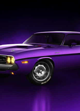Purple Dodge Challenger in front three-quarter view with yellow headlamps, chrome bumpers and a black side stripe against a violet glow.