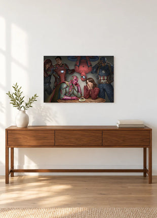 Vision and Scarlet Witch Table for Two acrylic wall art displayed above a wooden console with a leafy vase and stacked books against a white wall.
