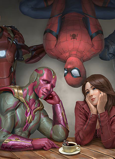 Vision and Scarlet Witch Table for Two original artwork: shows Vision and Scarlet Witch seated at a small cafe table with a cup between them.