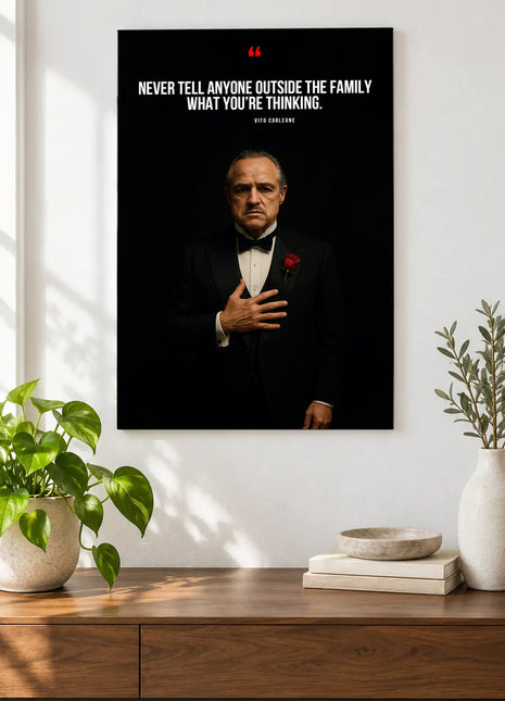 Vito Corleone Quiet Counsel acrylic wall art displayed above a wooden console with plants and books against a white wall.