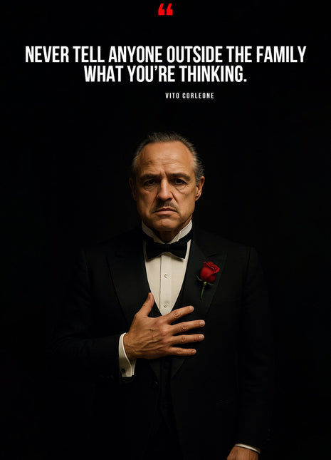 Vito Corleone in a dark portrait beneath white quotation text and a red quotation mark.