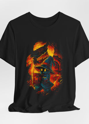 Draped front view of the black Vivi Black Mage and Chocobos Graphic T-Shirt.