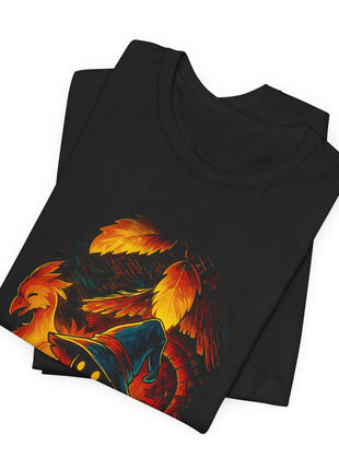 Folded view of the black Vivi Black Mage and Chocobos Graphic T-Shirt.