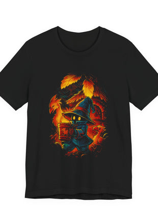 Front view of the black Vivi Black Mage and Chocobos Graphic T-Shirt.