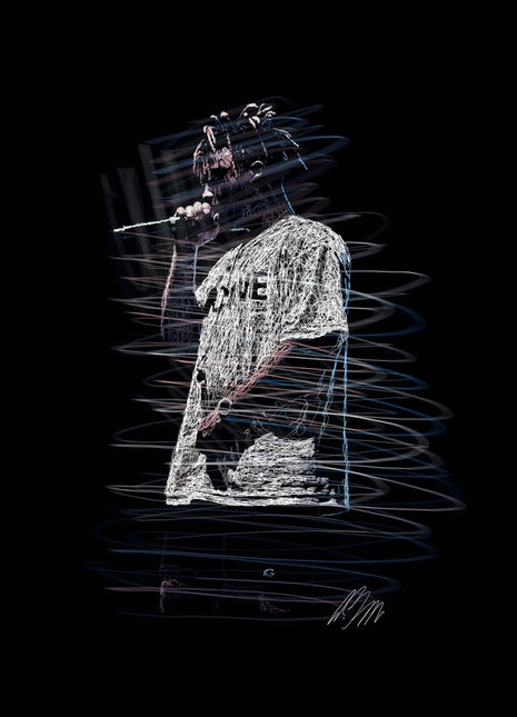 Voice in the Gray Shirt: depicts a singer lifting a microphone to his mouth in a pale, loose T-shirt.