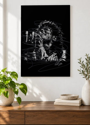 Voice Lifted in White Lines acrylic wall art displayed above a wooden console with plants and books against a white wall.