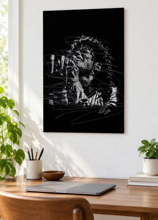 Voice Lifted in White Lines acrylic wall art displayed above a wooden desk with a laptop, plants and books against a white wall.