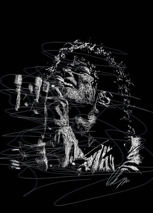 White scribble-line portrait of a singer with face tilted upward beside a microphone on black.